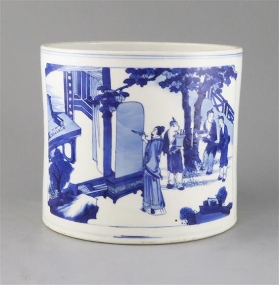 A good large Chinese blue and white brush pot, bitong, Kangxi period, c.1700-15, 18cm high, 20.2cm diameter, small chip to foot